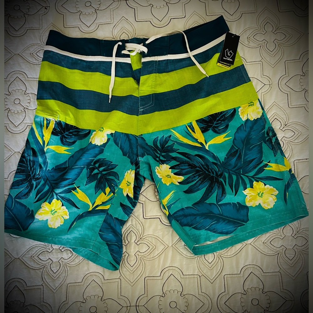 Burnside Mens Size 38 Green and Blue Striped Floral Surf Beach Swim Shorts